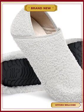 Faux Fur House Slippers - Rubber Sole Slip On Sock Shoes, Foldable Travel